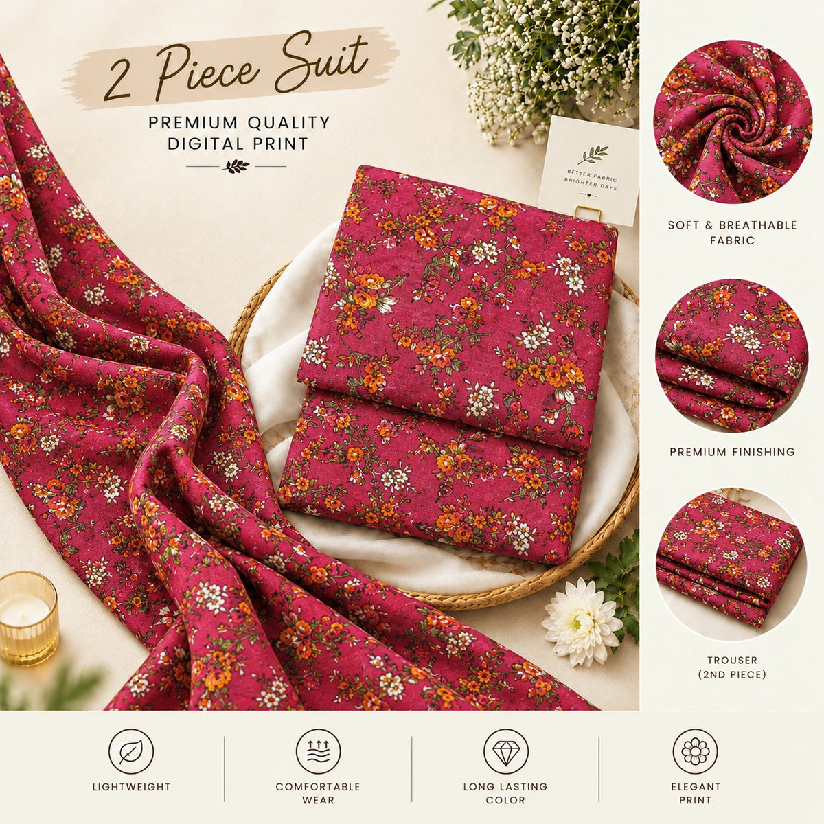 Magenta Rose Floral Print Stitched 2-Piece Suit (6 meters unstitched fabric)