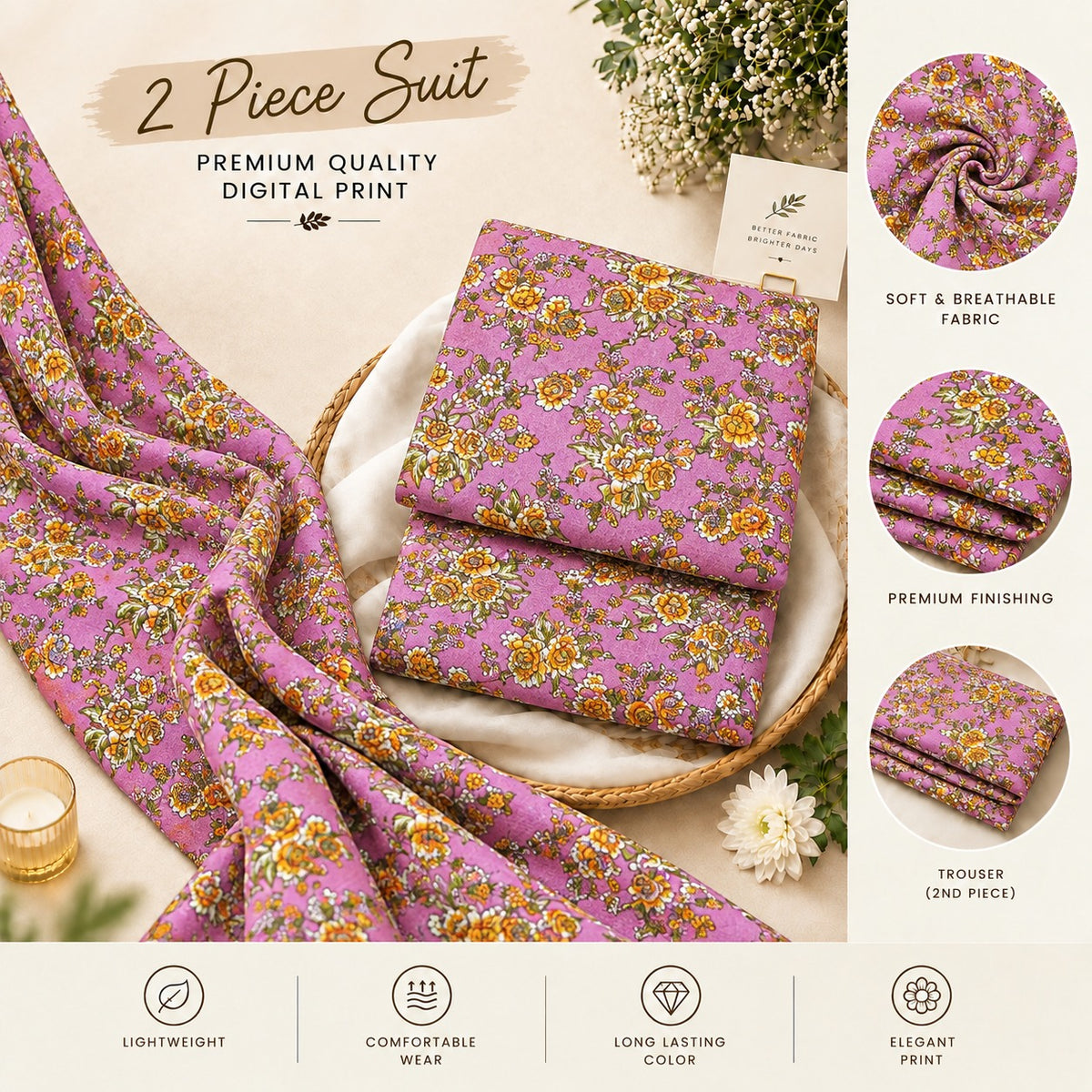 Purple & Mustard Floral Printed 2-Piece Unstitched Lawn Suit (6 meters unstitched fabric)