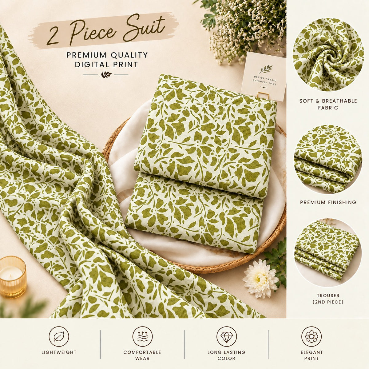 Olive Green & Off-White Floral Printed 2-Piece Unstitched Lawn Suit (6 meters unstitched fabric)