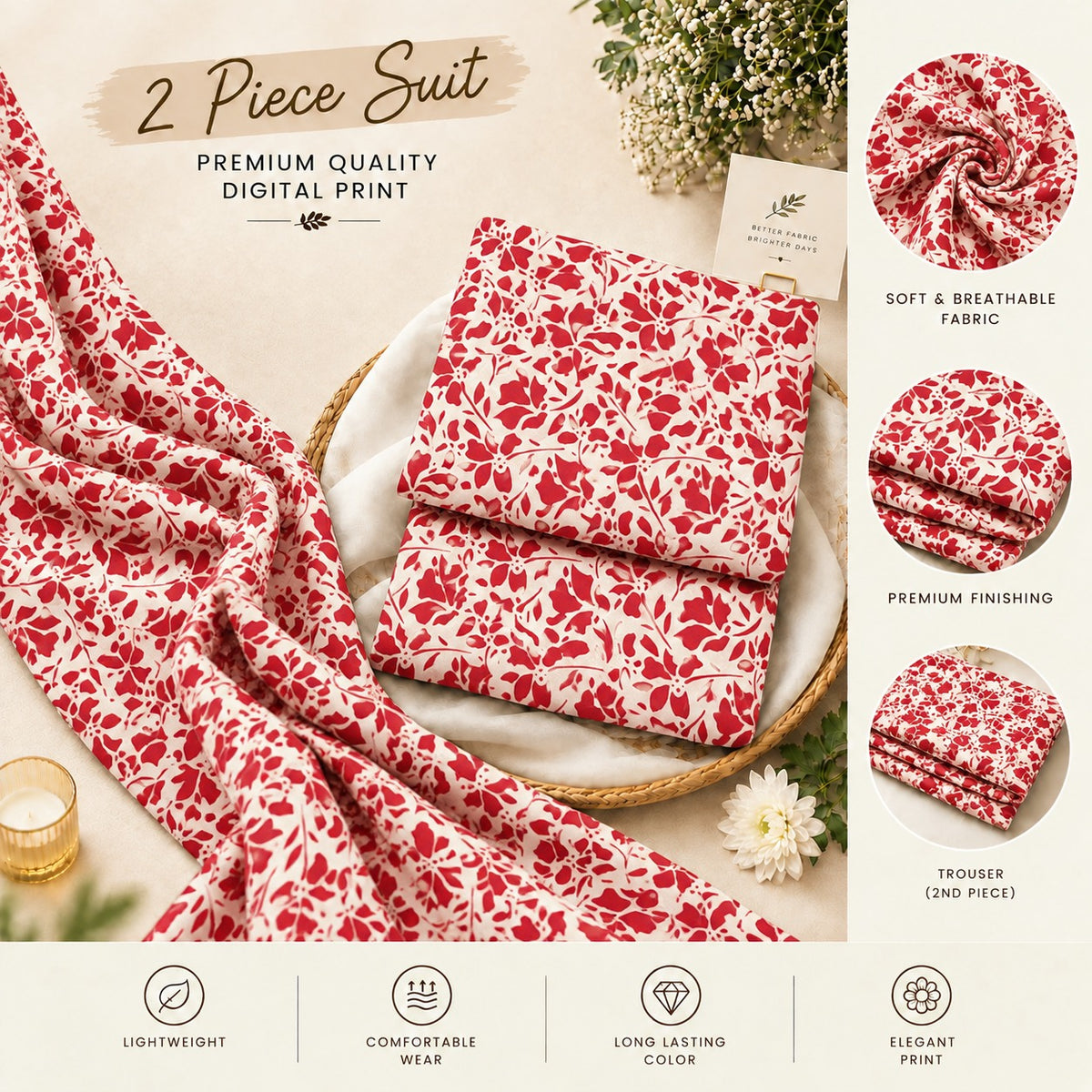 Crimson Red Floral Vine Print Stitched Kurti (6 meters unstitched fabric)