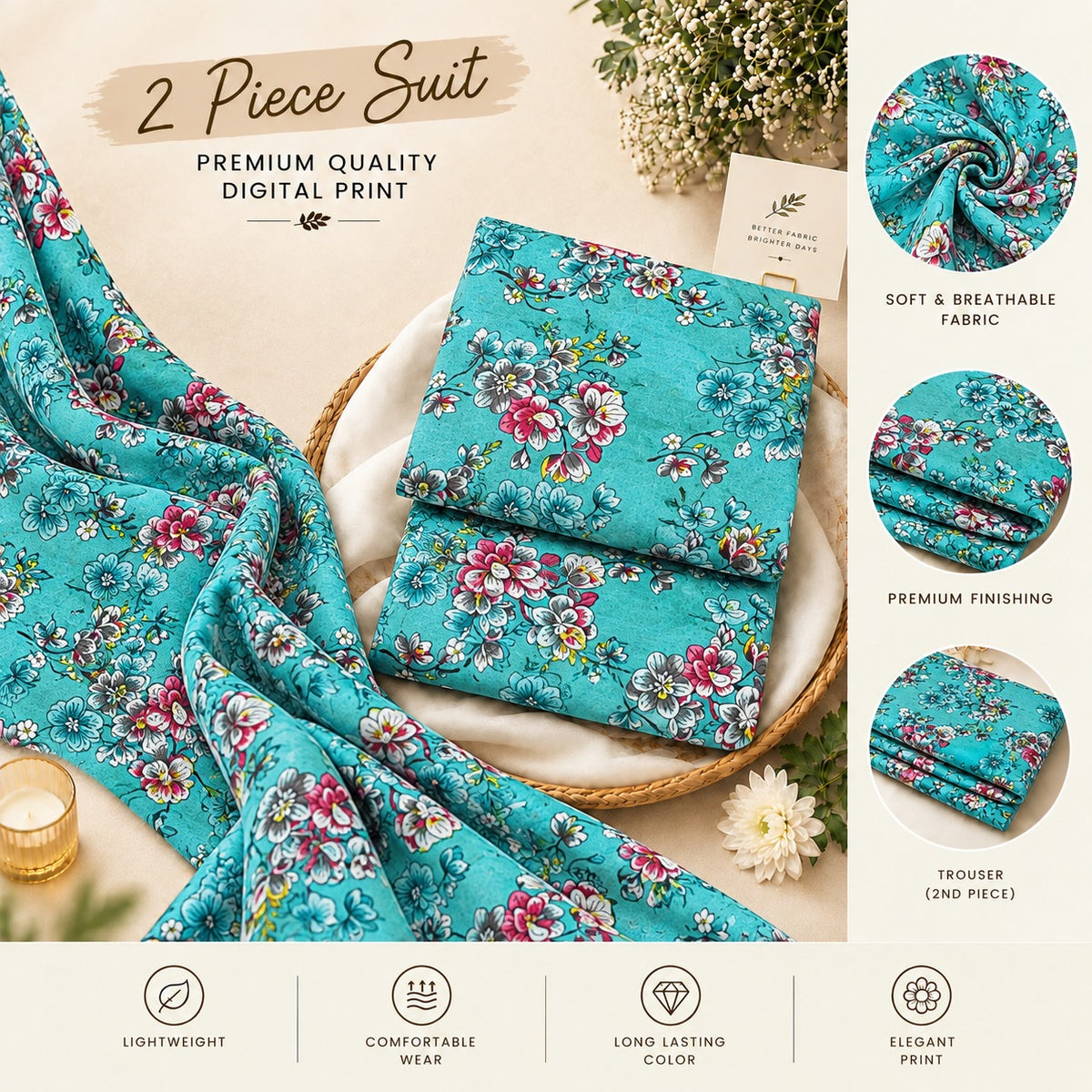 Turquoise Floral Printed 2-Piece Unstitched Lawn Suit (6 meters unstitched fabric)