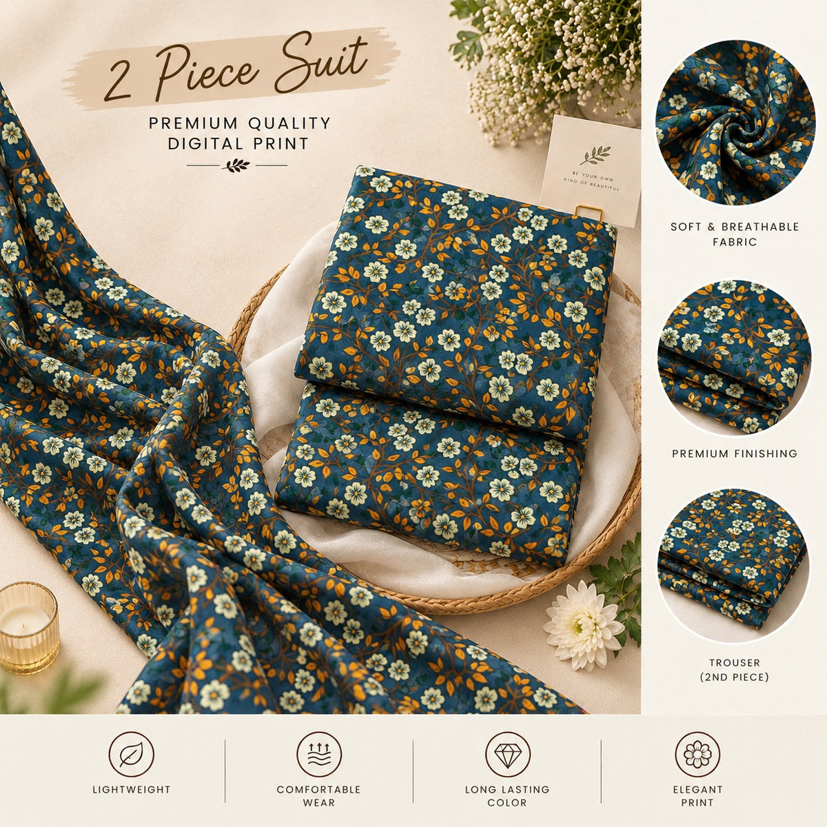 Teal Blue & Mustard Floral Printed 2-Piece Unstitched Lawn Suit (6 meters unstitched fabric)
