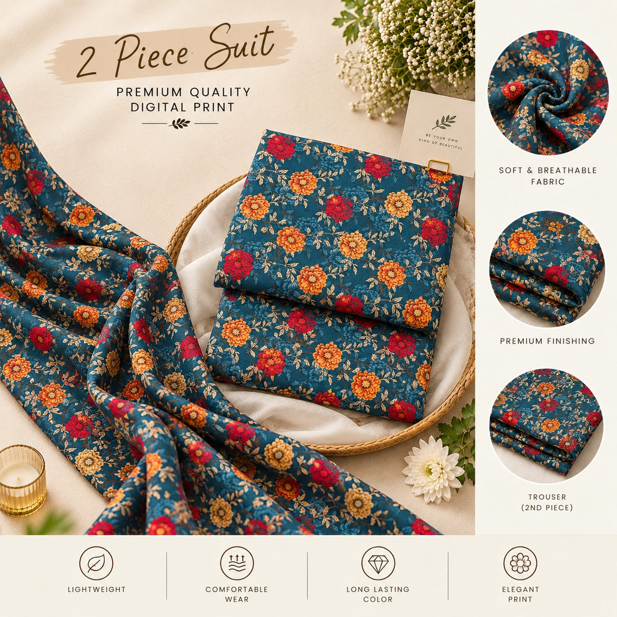 Teal Blue & Red Floral Printed 2-Piece Unstitched Lawn Suit (6 meters unstitched fabric)