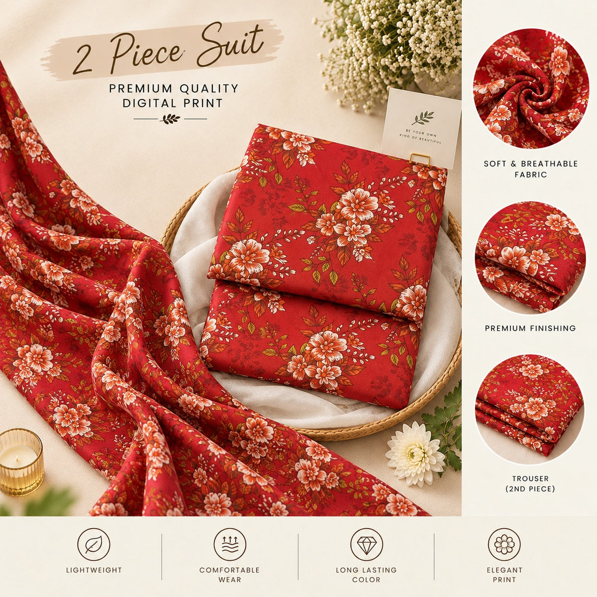 Crimson Red & Cream Floral Printed 2-Piece Unstitched Lawn Suit (6 meters unstitched fabric)