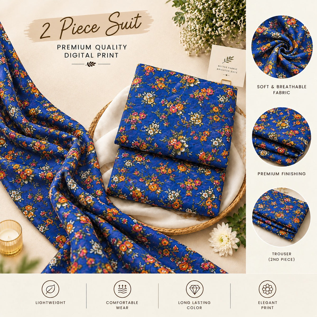 Royal Blue & Orange Floral Printed 2-Piece Unstitched Lawn Suit (6 meters unstitched fabric)